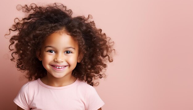 une jeune fille aux cheveux bouclés souriant avec ses mains sur ses hanches