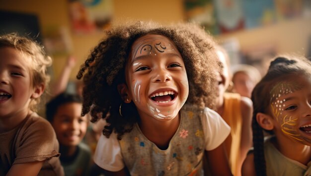 Une jeune fille aux cheveux bouclés sourit heureuse alors qu'elle participe à une fête pour enfants.