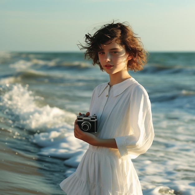 Une jeune fille aux cheveux courts et à une longue robe blanche