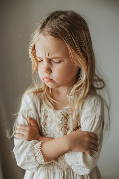 Photo une jeune fille aux cheveux dorés s'embrassant avec réflexion au crépuscule