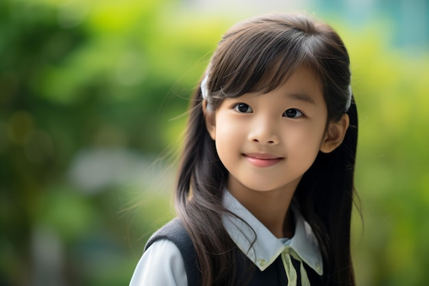 une jeune fille aux cheveux longs portant un uniforme scolaire