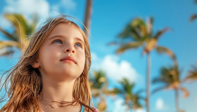 Une jeune fille aux cheveux longs regarde le ciel.