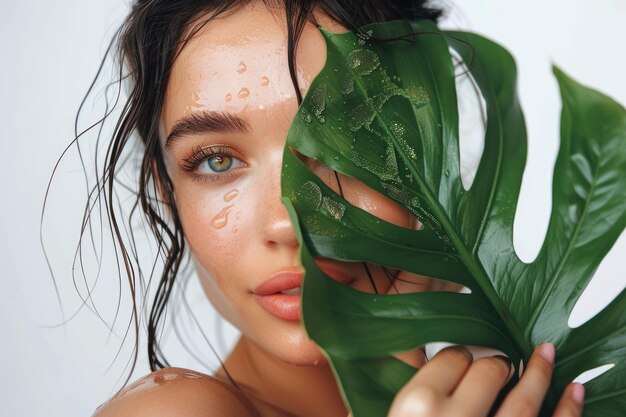 Une jeune fille aux cheveux mouillés et au concept de beauté des feuilles tropicales.