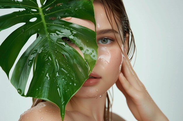 Une jeune fille aux cheveux mouillés et au concept de beauté des feuilles tropicales.