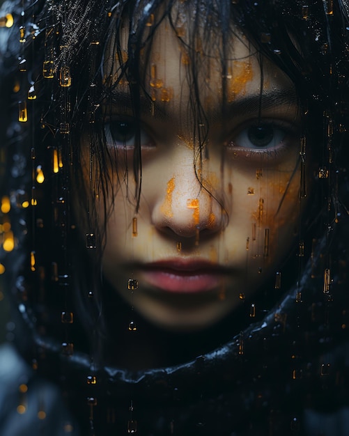 une jeune fille aux cheveux mouillés et des gouttes de pluie sur son visage
