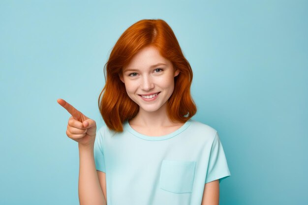 Une jeune fille aux cheveux roux pointant vers la caméra.