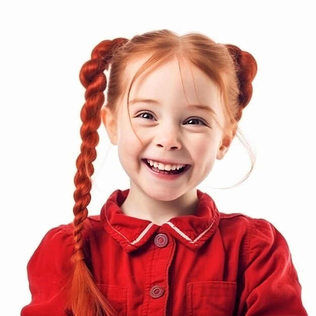 une jeune fille aux cheveux roux portant une chemise rouge avec un nœud rouge