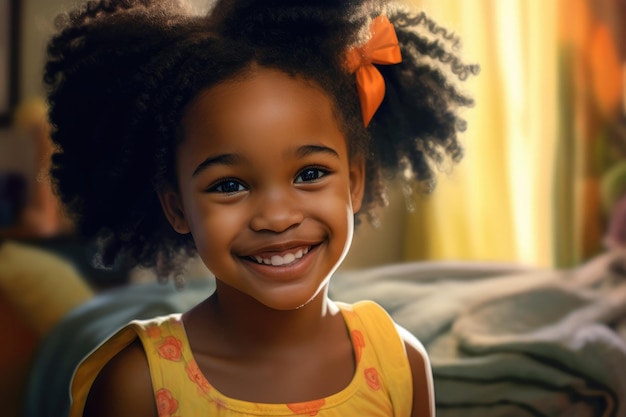 Une jeune fille aux longs cheveux bouclés sourit à la caméra.