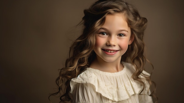 Une jeune fille aux longs cheveux bouclés sourit à la caméra.