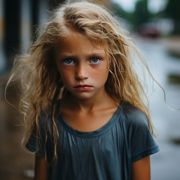 une jeune fille aux yeux bleus debout sous la pluie.