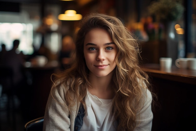 Une jeune fille belle assise à une table dans une cafétéria à la mode, buvant du café chaud frais, technologie d'intelligence artificielle générative.