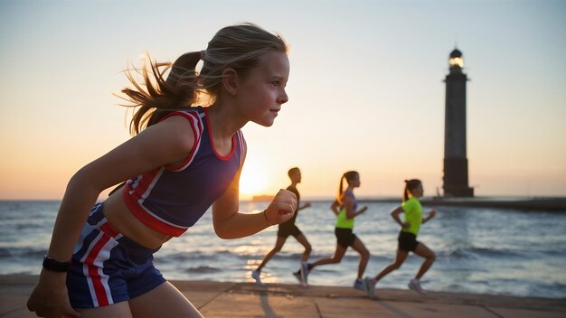 Une jeune fille belle et sportive se prépare à courir sur la mer.