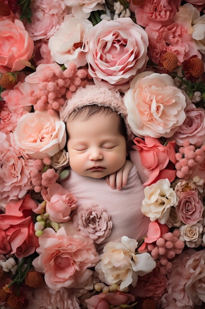 Une jeune fille blanche au centre des fleurs.