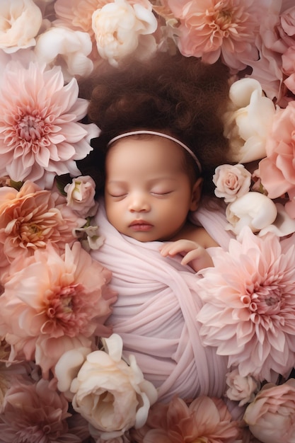 Photo une jeune fille blanche au centre des fleurs.