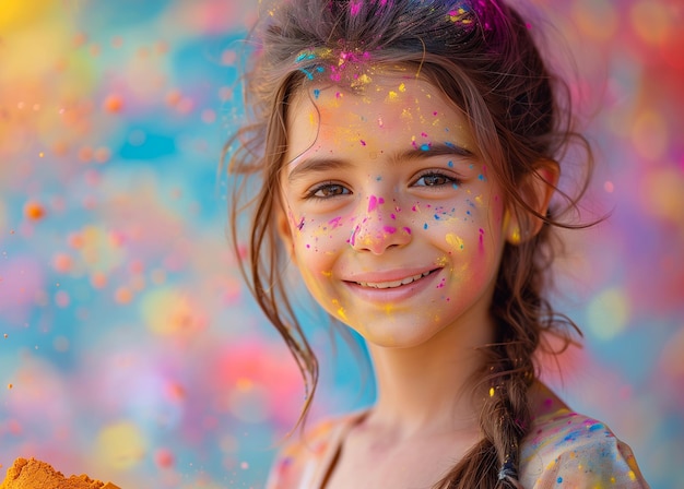 Une jeune fille blanche avec des poudres de holi colorées sur le visage