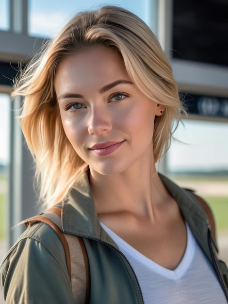 Une jeune fille blonde attrayante dans une salle de contrôle aérien.