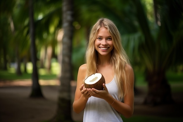 Photo une jeune fille blonde à l'extérieur dans un parc tenant une noix de coco