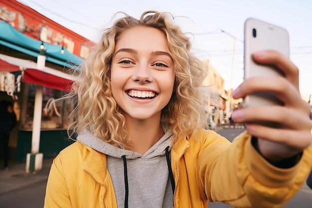 Une jeune fille blonde fait un selfie.