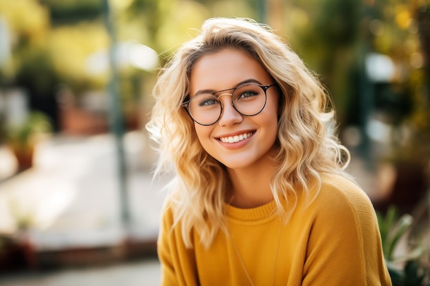 Une jeune fille blonde avec des lunettes.