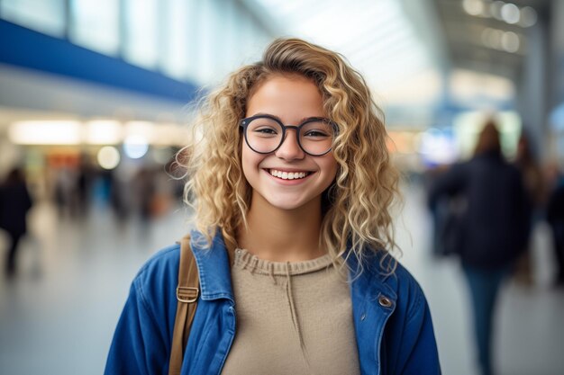 Une jeune fille blonde avec des lunettes.