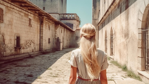 Une jeune fille blonde se promenant dans Avignon près du Palais des Papes vue de l'arrière