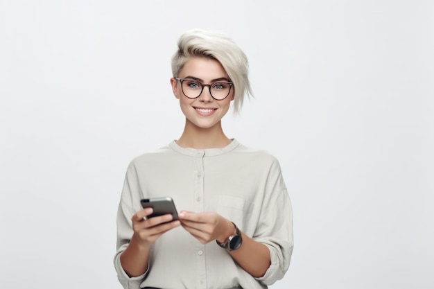 Une jeune fille blonde souriante en lunettes tient un smartphone en utilisant une application mobile moderne sur fond blanc Une étudiante utilise des applications d'apprentissage électronique ou de service à la clientèle sur son téléphone Commerce électronique IA générative