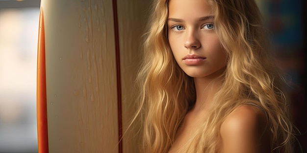 Photo une jeune fille blonde tient une planche de surf devant elle dans le style de portraits avec un éclairage doux