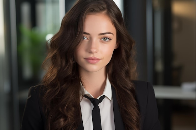 Une jeune fille brune et jolie en uniforme d'affaires.