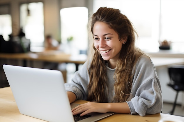 Une jeune fille brune qui travaille avec un ordinateur portable.