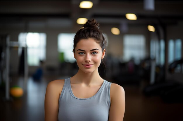 Une jeune fille brune en vêtements de sport dans une salle de sport.