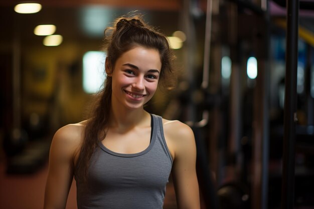 Une jeune fille brune en vêtements de sport dans une salle de sport.