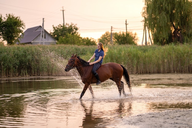 Une jeune fille sur un cheval sur un lac peu profond.