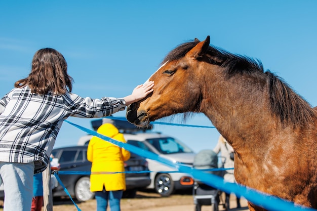 jeune fille, à, cheval, sur, ranch