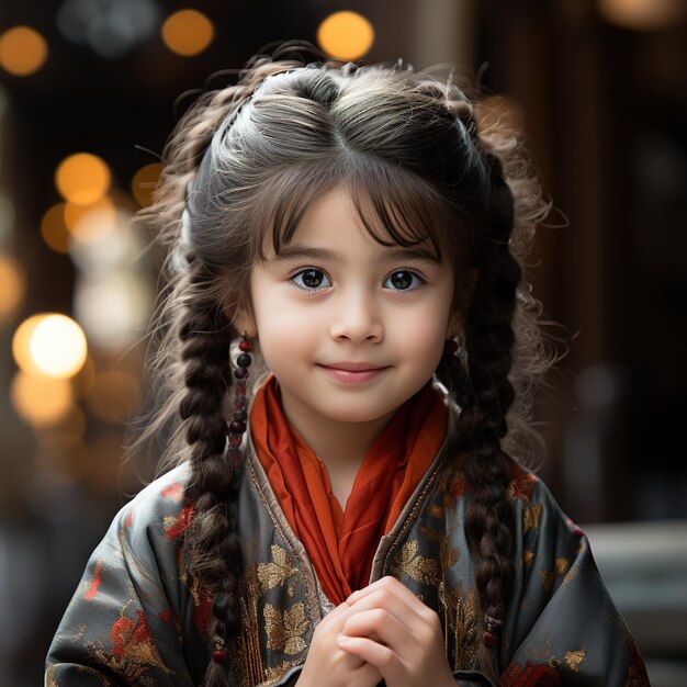 Une jeune fille chinoise de trois ou quatre ans, vêtue de vêtements anciens, prie dans un temple taoïste.