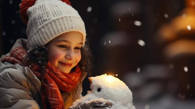 La jeune fille construit un bonhomme de neige