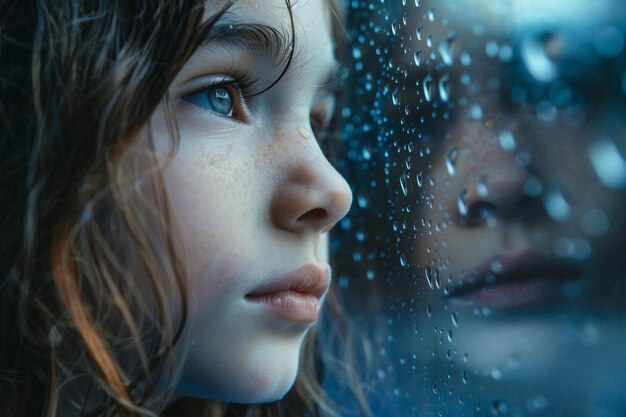 Photo une jeune fille contemplative regardant à travers une fenêtre pluvieuse avec une ia générée