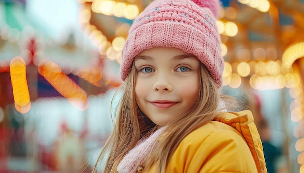 Une jeune fille dans un carrousel de parc d'attractions