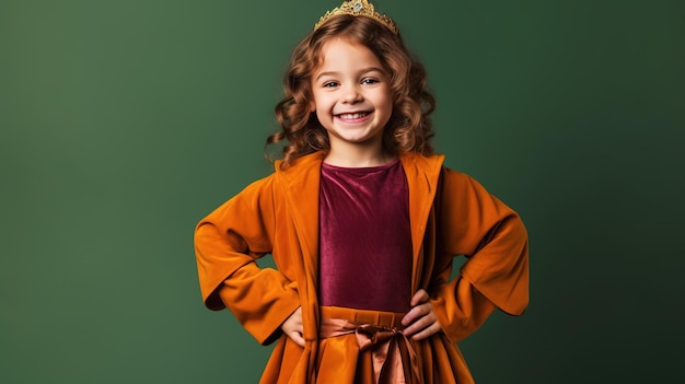 Une jeune fille dans une couronne se tient devant un fond vert.