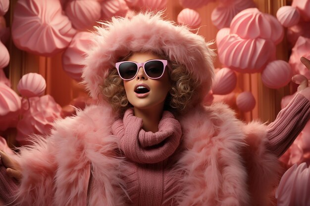 jeune fille dans un manteau de fourrure rose et un chapeau joyeux et surpris sur un fond rose