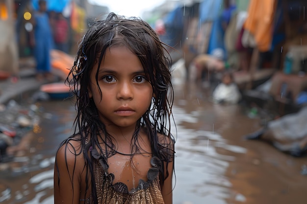 Une jeune fille dans une rue inondée