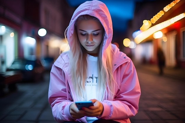 Une jeune fille dans une veste rose lit un message sur un smartphone dans la rue d'une ville du soir