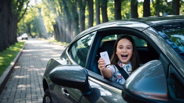 Photo une jeune fille dans une voiture moderne montrant un permis de conduire