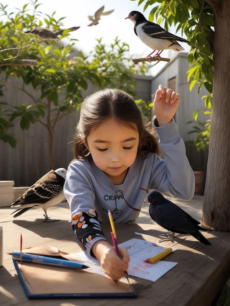 une jeune fille dessine avec des crayons aquarelle