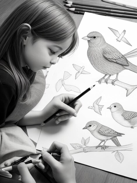 une jeune fille dessine avec des crayons aquarelle