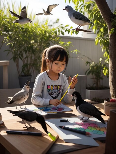 une jeune fille dessine avec des crayons aquarelle