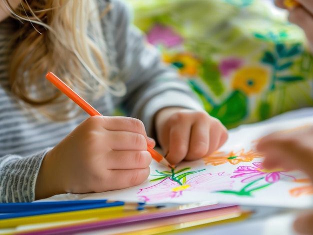 Une jeune fille dessine un dessin sur un morceau de papier.