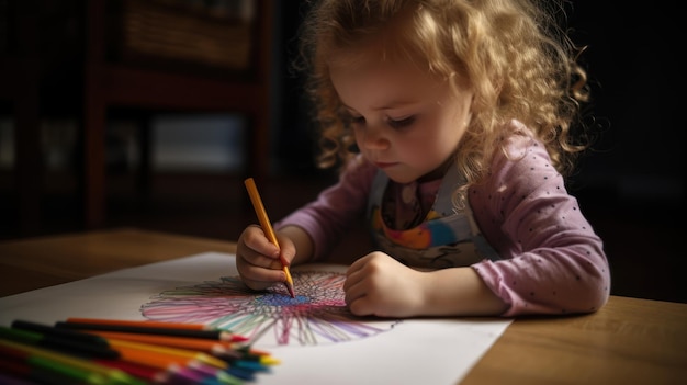 Une jeune fille dessine sur une feuille de papier avec un crayon.