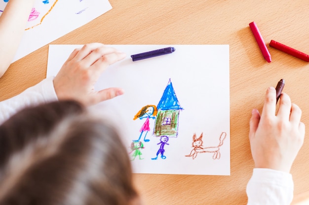 La jeune fille a dessiné une maison et une famille