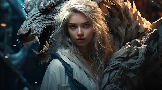 La jeune fille du dragon en robe de dragon avec de longs cheveux blancs et tenant une perle géante