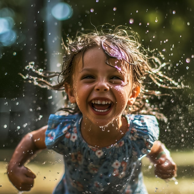 Une jeune fille éclabousse de l'eau dans un parc.